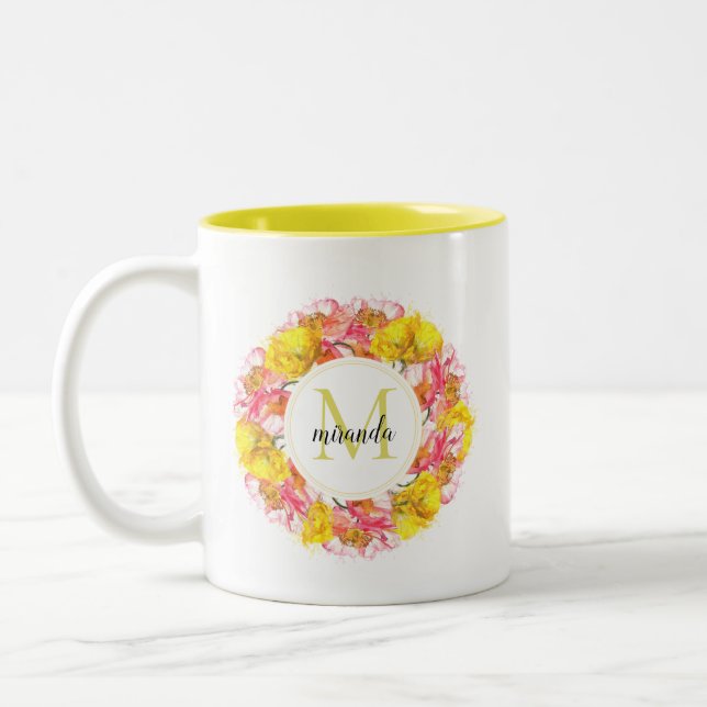 Tasse 2 Couleurs Aquarelle artistique Pavot Monogramme de couronne (Gauche)