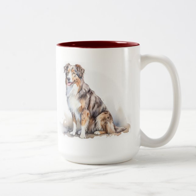Tasse 2 Couleurs Aquarelle Australian Shepherd (Droit)