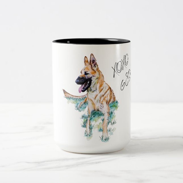 Tasse 2 Couleurs Aquarelle berger allemand Malinois XOXO Chien (Centre)