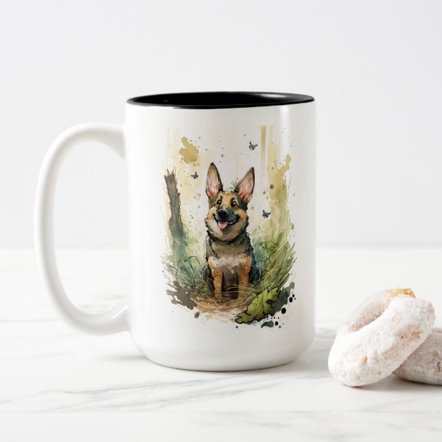 Tasse 2 Couleurs Aquarelle bergère allemande Whimsical (Avec donut)
