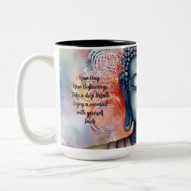 Tasse 2 Couleurs Aquarelle Bouddha visage avec Arrière - plan Manda (Gauche)