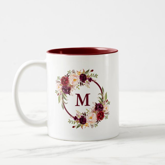 Tasse 2 Couleurs Aquarelle Bourgogne Floral Élégant Monogramme (Gauche)