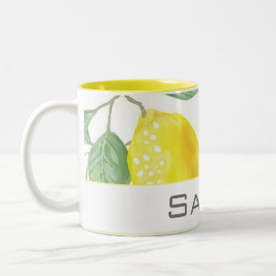 Tasse 2 Couleurs Aquarelle Citron Feuilles Monogramme jaune blanc