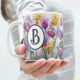 Tasse 2 Couleurs Aquarelle colorée Fleurs Monogramme