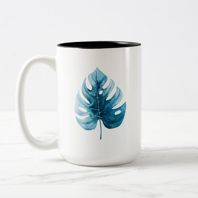 Tasse 2 Couleurs Aquarelle cool Tropical Monstera Feuille Bleue (Gauche)
