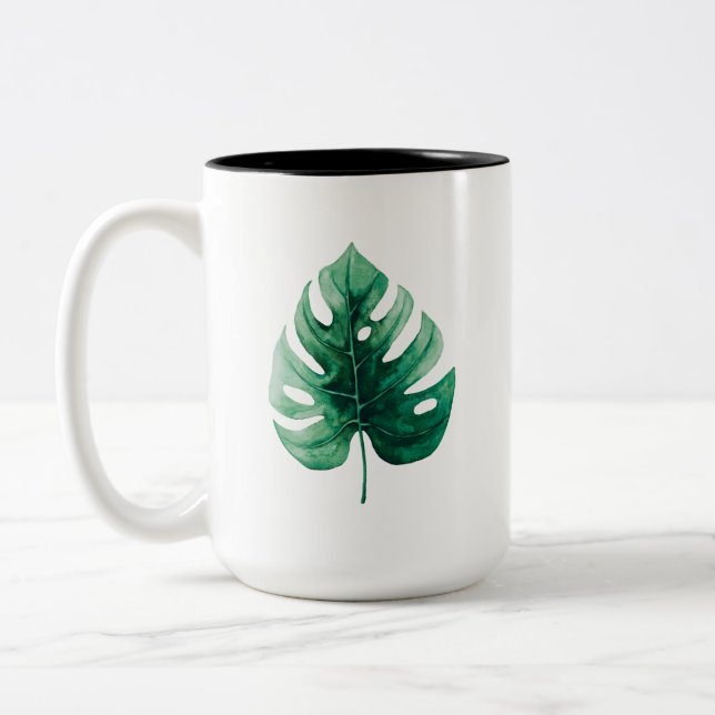 Tasse 2 Couleurs Aquarelle cool Tropicale Monstère Feuille verte (Gauche)