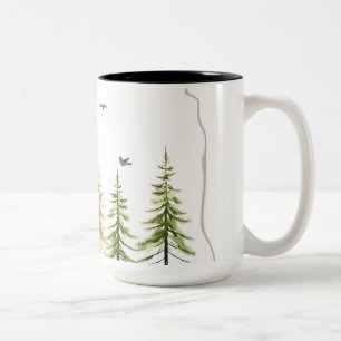 Tasse 2 Couleurs Aquarelle délicate Pine Arbres et oiseaux