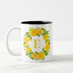 Tasse 2 Couleurs Aquarelle d'été Fleurs Jaunes Monogramme de couron