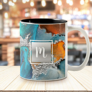 Tasse 2 Couleurs Aquarelle en marbre monogramme argent turquoise or