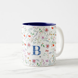 Tasse 2 Couleurs Aquarelle fleur sauvage mignonne nom monogramme fl