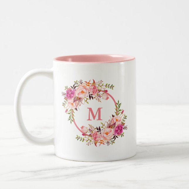 Tasse 2 Couleurs Aquarelle Floral Pink Monogramme (Gauche)