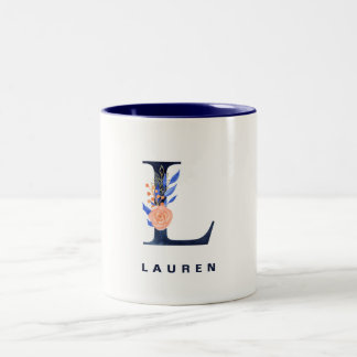 Tasse 2 Couleurs Aquarelle Florale L Navy Monogramme bleu marine