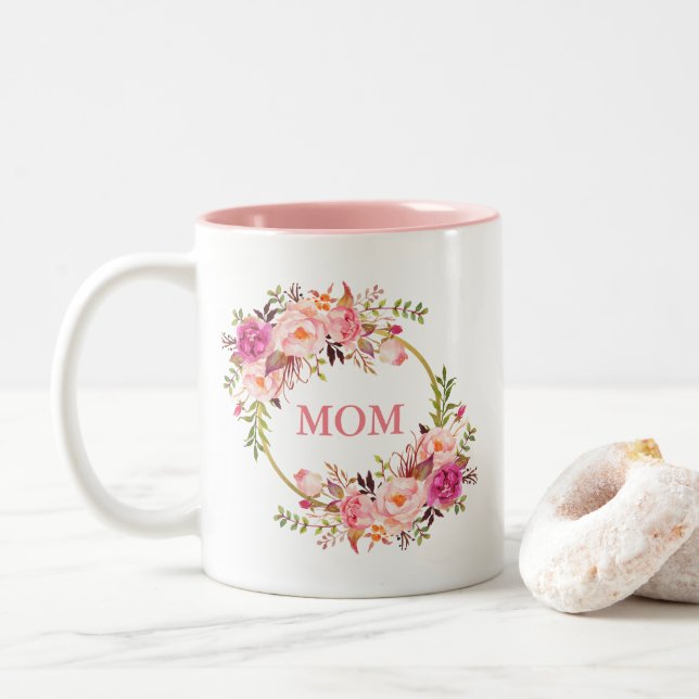 Tasse 2 Couleurs Aquarelle Florale rose or maman (Avec donut)