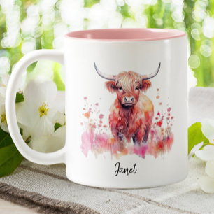 Tasse 2 Couleurs Aquarelle florale rose Vache Highland
