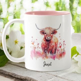 Tasse 2 Couleurs Aquarelle florale rose Vache Highland