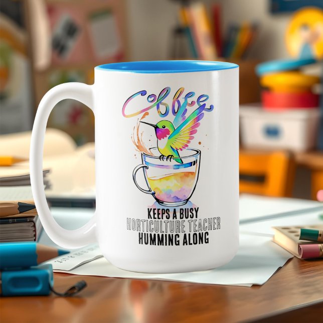 Tasse 2 Couleurs Aquarelle Hummingbird & Coffee Lover Professeur oc (Personalized teacher appreciation coffee mug with cute watercolor hummingbird pun: Add any job title)