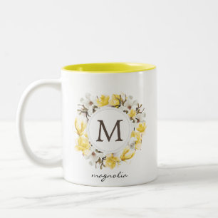 Tasse 2 Couleurs Aquarelle Magnolia jaune Monogramme de couronne