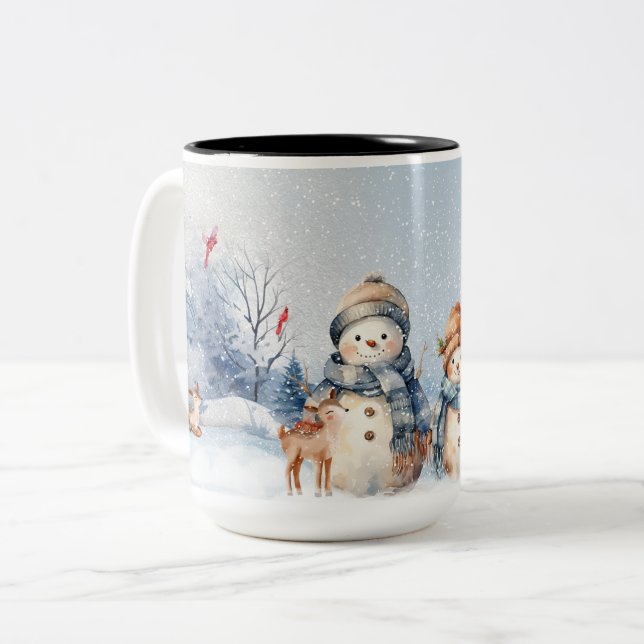 Tasse 2 Couleurs Aquarelle mignonne Snowmen (Devant gauche)