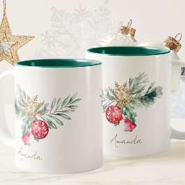 Tasse 2 Couleurs Aquarelle moderne Rouge Folithe Nom Joyeux Noël
