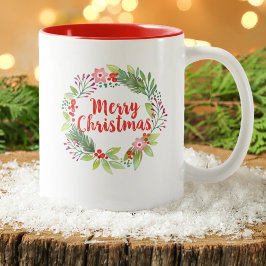 Tasse 2 Couleurs Aquarelle moderne Script Joyeuse couronne de Noël