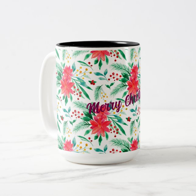 Tasse 2 Couleurs Aquarelle Poinséttia (Devant gauche)
