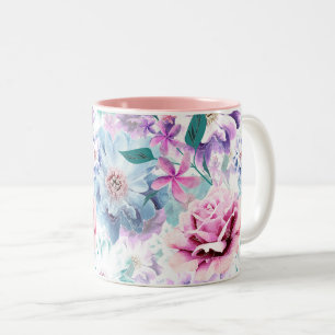 Tasse 2 Couleurs Aquarelle rose, fleurs bleues.