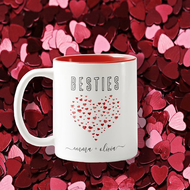 Tasse 2 Couleurs Aquarelle rouge mignonne Coeurs Besties Noms (Créateur téléchargé)