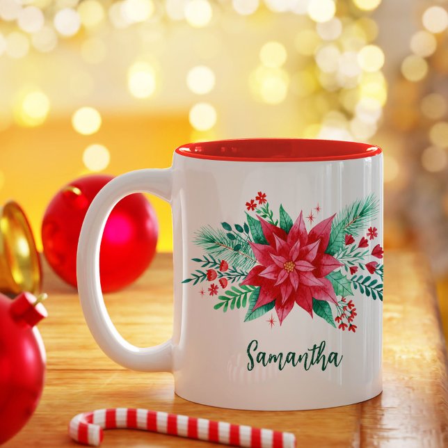 Tasse 2 Couleurs Aquarelle rouge Poinsettia Fleur de Noël + Nom (Watercolor Poinsettia Red Christmas Flower + Name Two-Tone Coffee Mug)