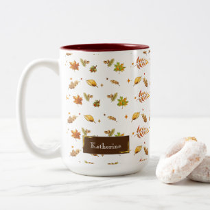 Tasse 2 Couleurs Aquarelle Thanksgiving Chute Feuilles Monogramme