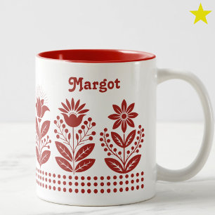 Tasse 2 Couleurs Art floral minimaliste rouge Nom personnalisé