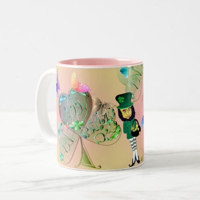 Tasse 2 Couleurs "Ayez une joyeuse St. Patrick" Leprechaun Shamrock (Devant gauche)