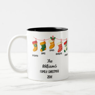 Tasse 2 Couleurs Bas de Noël de famille personnalisés 5 noms