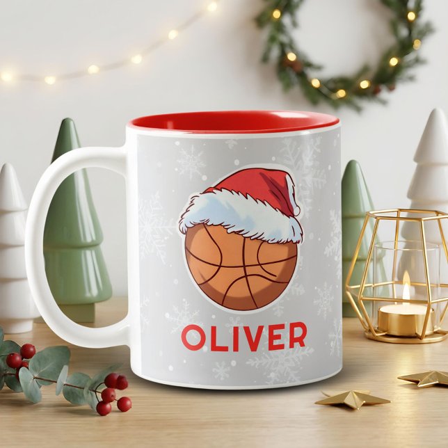 Tasse 2 Couleurs Basketball Ball Red Santa Hat Name Christmas  (Créateur téléchargé)