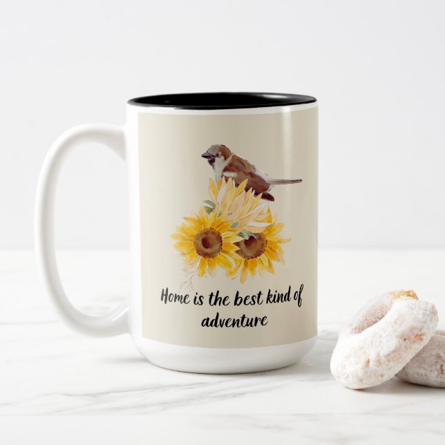 Tasse 2 Couleurs Beau Oiseau & Tournesols Avec Citation (Avec donut)