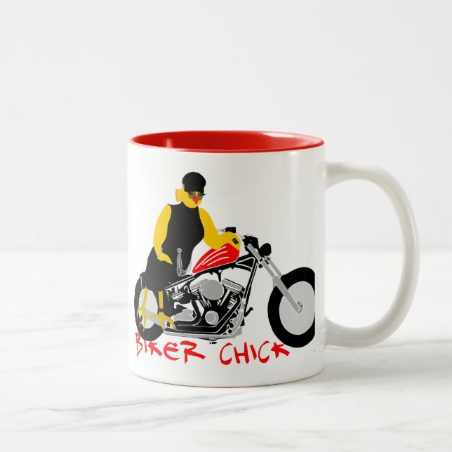 Tasse 2 Couleurs BIKER CHICK assise sur sa moto (Droit)