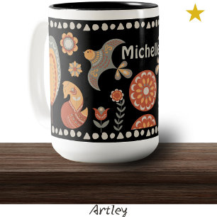 Tasse 2 Couleurs Black Folk Art Animaux Faune Nom personnalisé