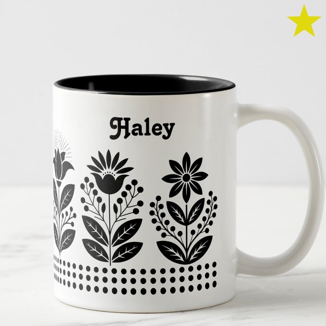 Tasse 2 Couleurs Black Minimalist Folk Art Floral Custom Name (Créateur téléchargé)