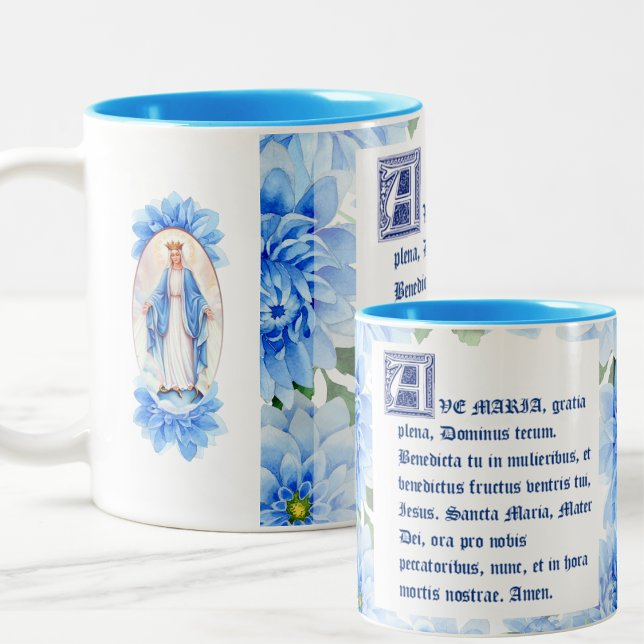 Tasse 2 Couleurs Blue Dahlias | Ave Maria Latin | Vierge (Créateur téléchargé)