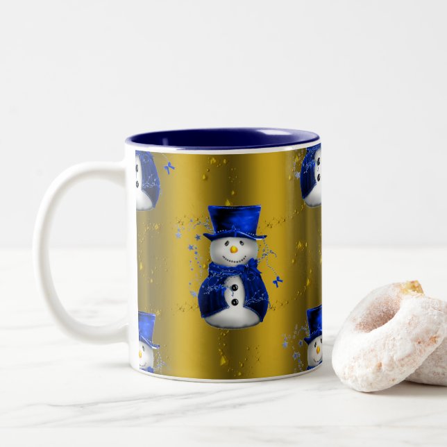 Tasse 2 Couleurs Blue Snowman sur Gold Christmas (Avec donut)