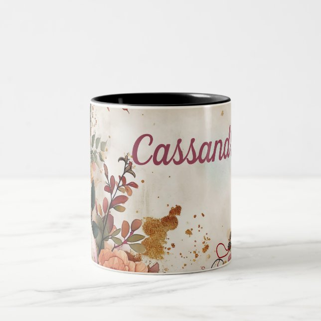 Tasse 2 Couleurs Bonjour automne avec des fleurs et nom (Centre)