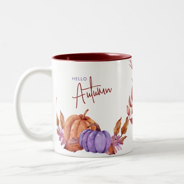 Tasse 2 Couleurs Bonjour Citrouilles d'aquarelle d'automne (Gauche)
