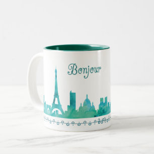 Tasse 2 Couleurs Bonjour Paris Aquarelle Silhouette