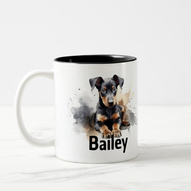 Tasse 2 Couleurs Boue d'aquarelle Doberman Pinscher (Gauche)