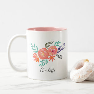 Tasse 2 Couleurs Bouquet de fleurs de couleur rose corail Customis