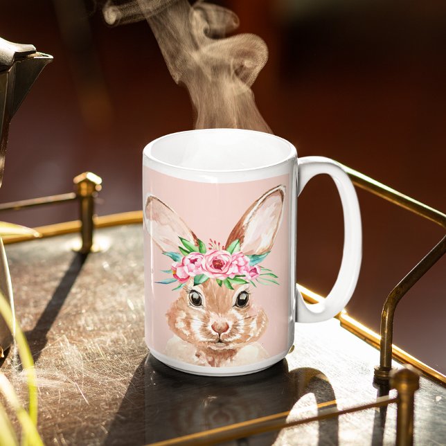 Tasse 2 Couleurs Bunny D'Aquarelle Rose Pastel Moderne Avec Fleurs (Créateur téléchargé)