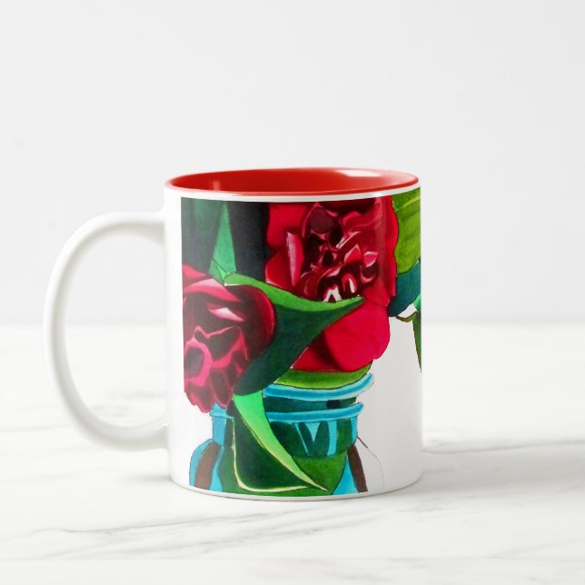 Tasse 2 Couleurs Camellias rouge avec fleur d'aquarelle de feuillag (Gauche)