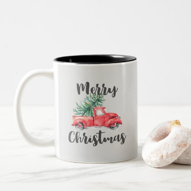 Tasse 2 Couleurs Camion rouge et arbre Joyeux Noël (Avec donut)