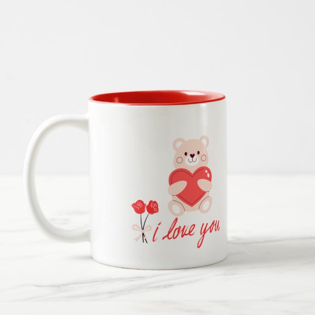 Tasse 2 Couleurs caneca designer romântico urso  com coração e flor (Gauche)