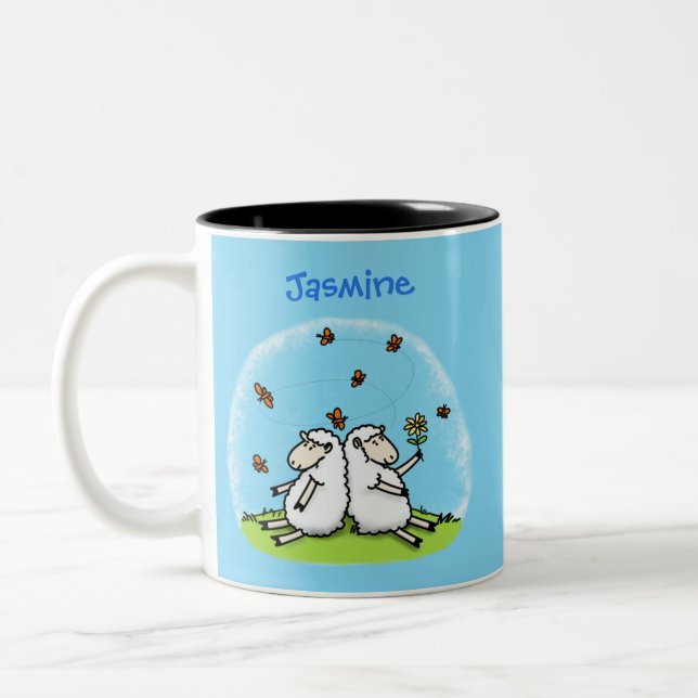 Tasse 2 Couleurs Caricature de moutons mignons amis et papillons (Gauche)