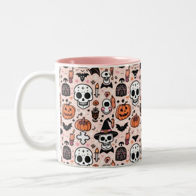Tasse 2 Couleurs Carreaux de thème Halloween rose éffrayant (Gauche)